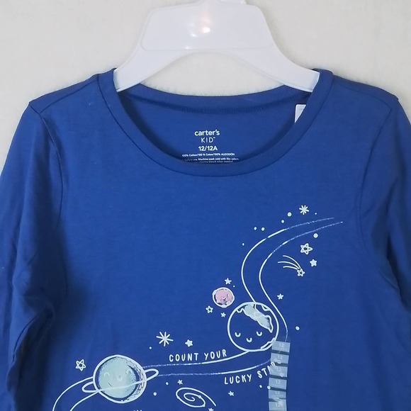 Carter's Kid Long Sleeve Cotton T-Shirt Girl's Size 12 Blue w/ Space Theme - Picture 3 of 10